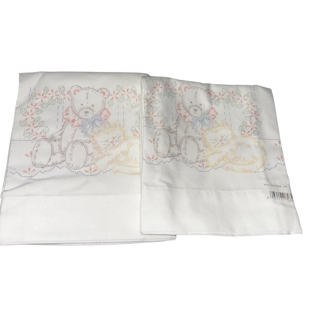 Standard Pair of Pillowcases Unembroidered Vintage NOS Cotton Teddy Bear Kitty